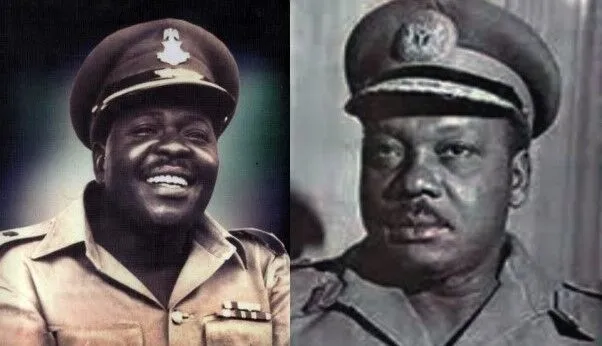 Two high-ranking military officers are shown side by side. The officer on the left wears a tan uniform adorned with epaulets and several ribbons or medals on the chest, along with a peaked cap featuring an insignia. The officer on the right, depicted in black and white, wears a similar uniform and cap, suggesting a different era or photographic style. Both individuals exude authority, with their attire emphasizing rank and affiliation.