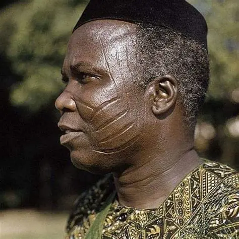 Ladoke Akintola wearing a dark hat and a patterned garment stands outdoors with greenery in the background. The garment features intricate designs in green, yellow, and black, with various shapes and motifs. Only part of the person's ear and neck are visible.