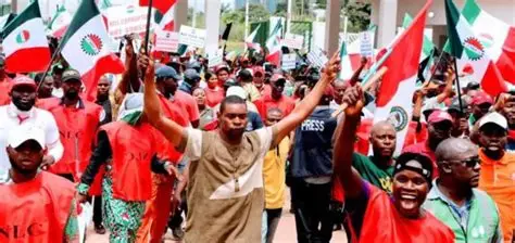 A large group of people participate in a protest or rally, many wearing red vests labeled "NLC" and holding Nigerian Labour Congress flags. A person in a yellow "PRESS" vest is visible among the crowd, which is lively and densely packed.
