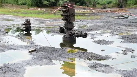 An oil spill site featuring two wellheads surrounded by puddles of oil and water. The ground is muddy and heavily polluted, with caution tape marking the area as hazardous. The scene underscores the environmental damage caused by oil spills and the need for effective containment and cleanup.