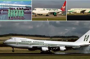 Collage of Nigerian airline photos, including Nigeria Airways and Virgin Nigeria aircraft, plus flight attendants in green uniforms.