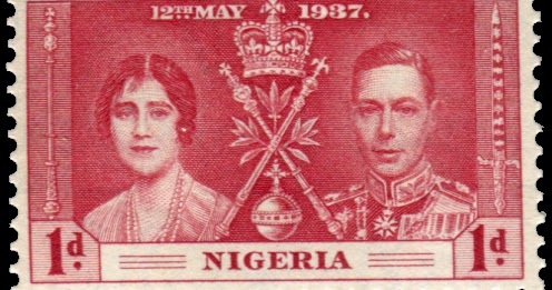 A red Nigerian postage stamp dated 12th May 1937, featuring two figures in ceremonial attire flanking a central crown with crossed scepters. The denomination is 1d (one penny), and "NIGERIA" is printed at the bottom.