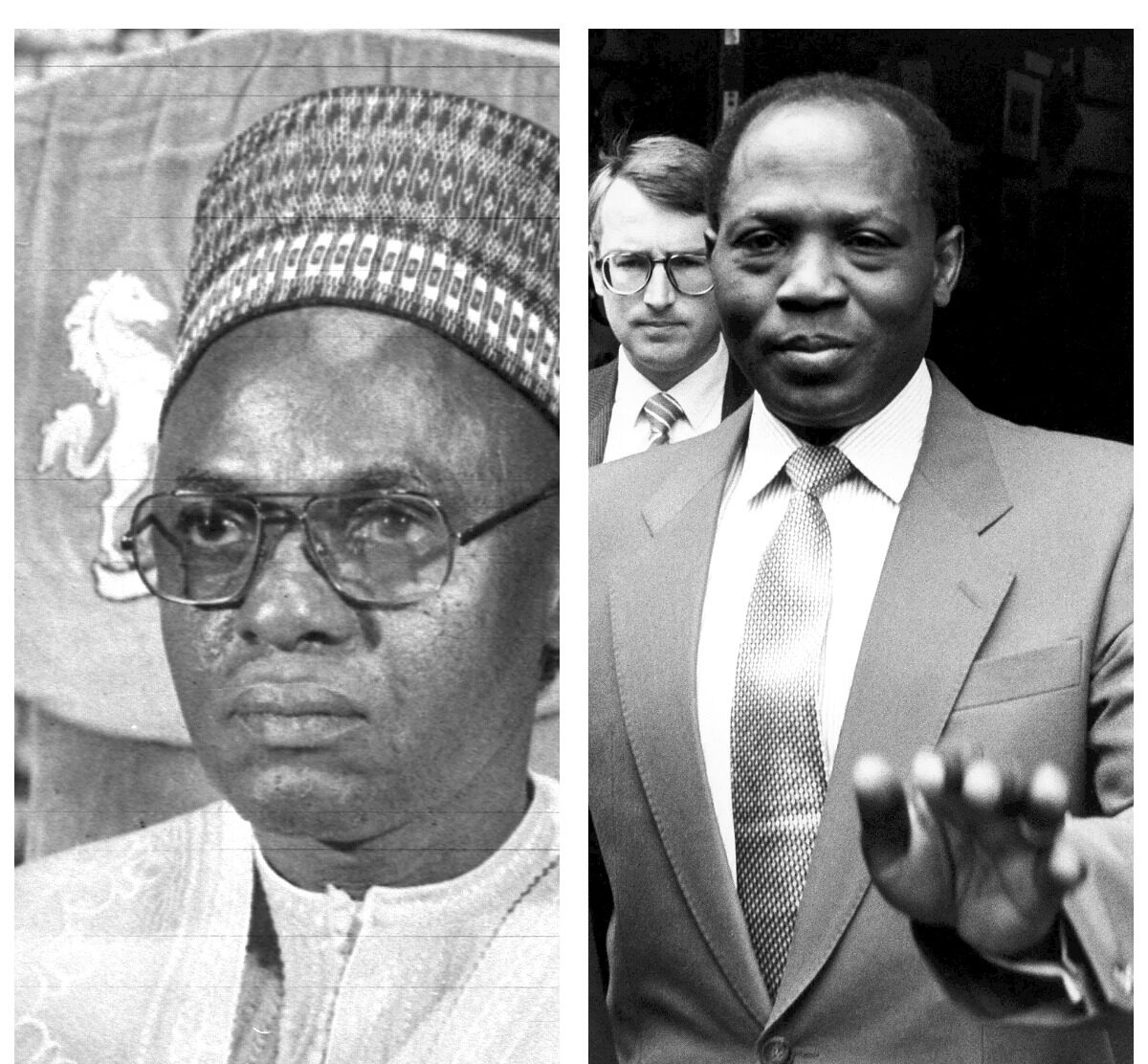 Collage of two black and white photographs. Left: Umaru Dikko in traditional Nigerian attire with a patterned hat and embroidered garment, standing before a fabric featuring a lion emblem. Right: Umaru Dikko in a suit and tie, gesturing with one hand raised, with another person partially visible behind him.